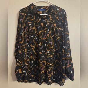 Apt 9 Womens Xl Black and Gold Patterned Button-Up Shirt Bold Pattern And Print